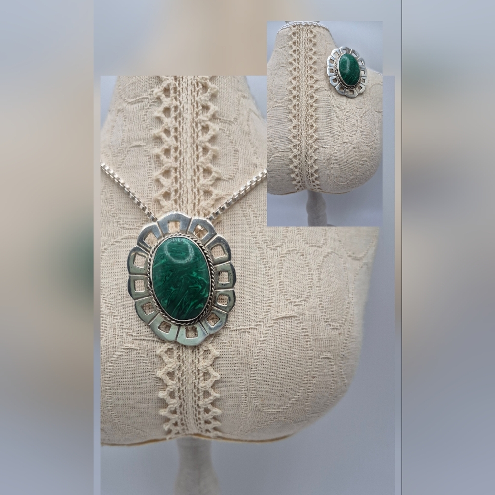 TAXCO Mexico Malachite Pendant AND Brooch! Necklace in Sterling Silver. Marked